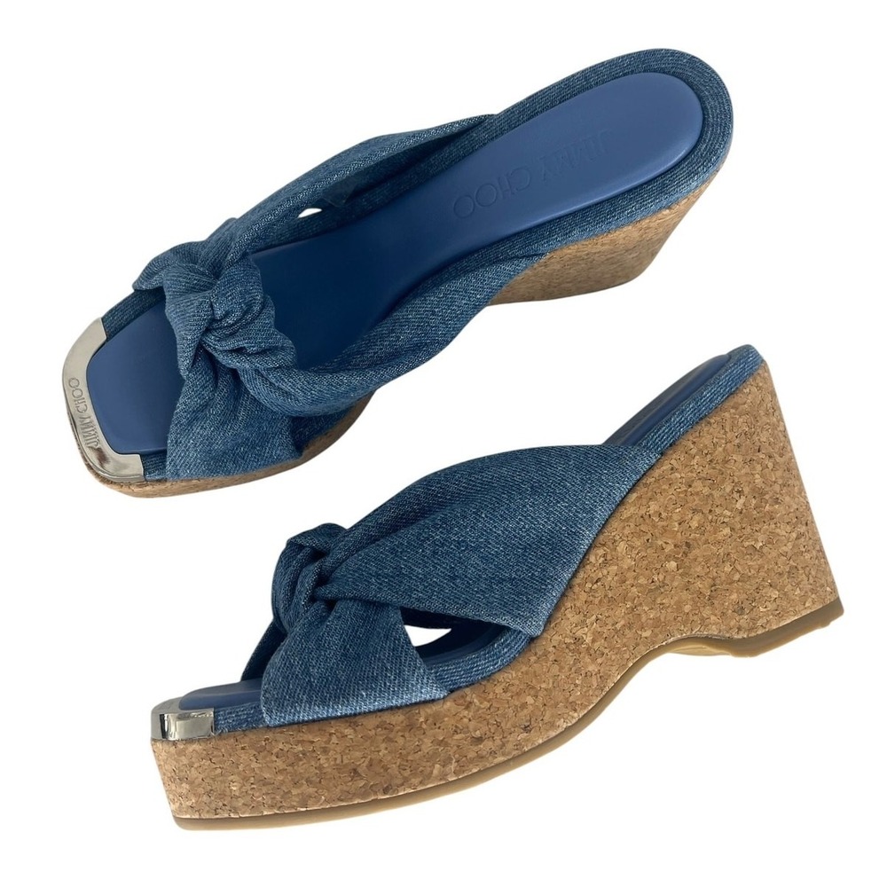 Jimmy Choo Avenue 110 Denim Wedge Sandals Knotted Upper 37 - Picture 2 of 16
